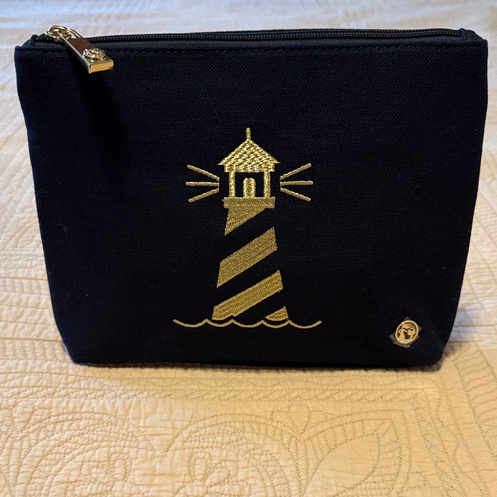 Spartina 449 Navy Natural Linen Navy Blue Pouch with Gold Accent and Pink Lining